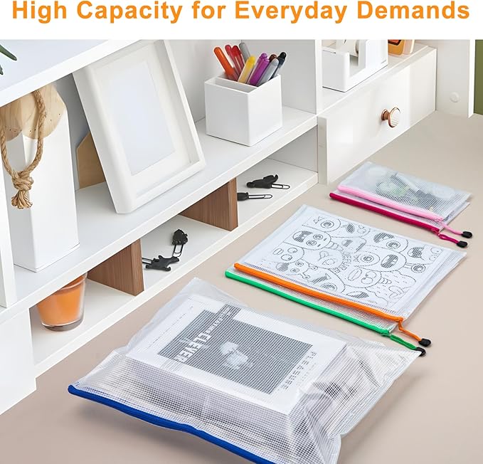 100Pack Mesh Zipper Pouch Bags, Waterproof A4 Letter Size Document Zipper Pouches for Storage, Teacher School, Toys, Puzzle, Office, 10 Colors