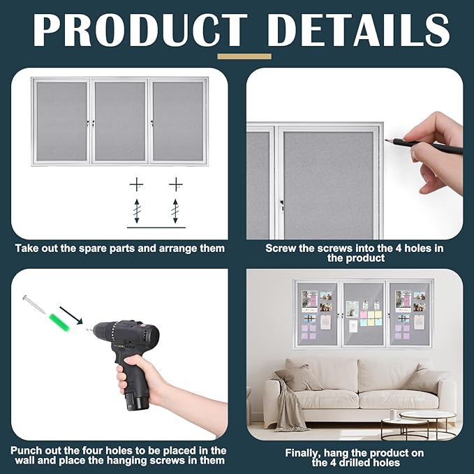 72" x 36" Enclosed Bulletin Board Outdoor 3 Door Weatherproof Tamper-Proof Enclosed Cork Board with Lock Aluminum Frame Display Case for Back to School, Office Commercial, 18xA4(Gray)