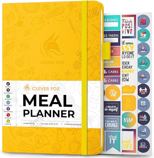 Clever Fox Weekly Meal Planner - Weekly & Daily Meal Prep Journal with Shopping and Grocery Lists for Menu Planning, Healthy Diet & Weight Loss Tracking, Lasts 1 Year, Undated, A5 - Amber Yellow
