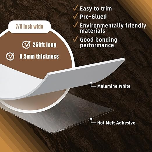 GSCIT Club White Edge Banding, 7/8 inch x 250ft Melamine Edge Banding with Hot Melt Adhesive Preglued Cabinet Edge Banding Flexible White Veneer Edging