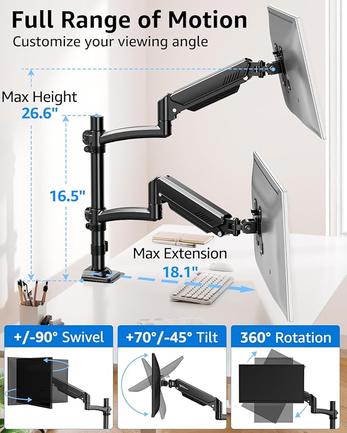 Dual Monitor Stand Holds 4.4-22 lbs Each, Dual Monitor Mount Height up to 26.6 inch, Gas Spring Monitors Arm for Max 32 inch Computer, VESA Mount with C-clamp & Grommet Mounting, Freelift Black