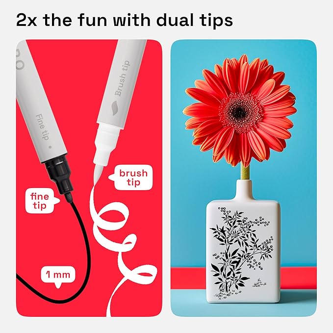 ARTISTRO 2 White Dual-Tip Acrylic Paint Pens - Multisurface Markers for Fabric, Plastic, & More, 5mm Dot + 1mm Fine Tips (Dual Tip Brush + Fine, Black&White)