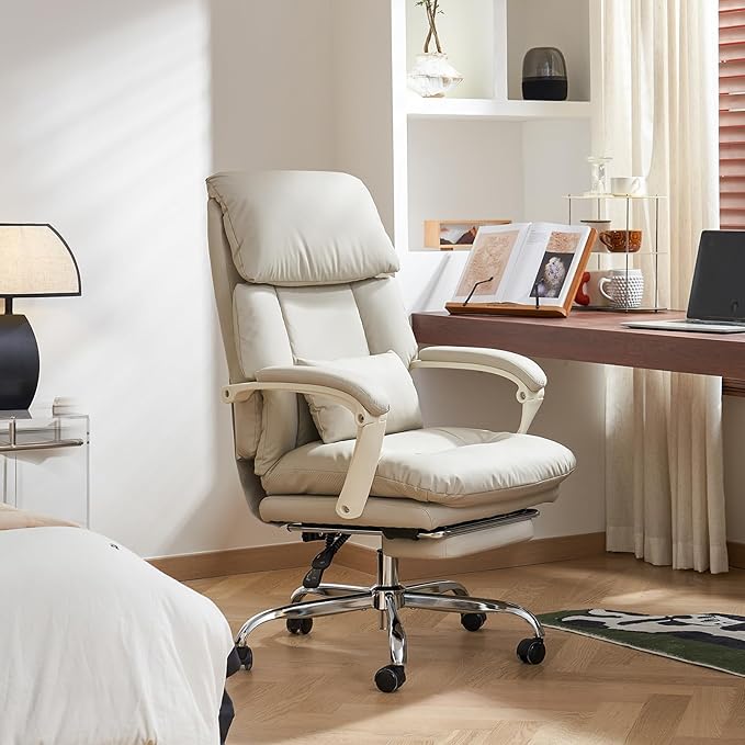 EMIAH Genuine Leather Office Chair with Foot Rest, Reclining Ergonomic Executive Office Chair with Arms, High Back Comfy Swivel Computer Desk Chairs with Wheels and Lumbar Support for Home, Beige