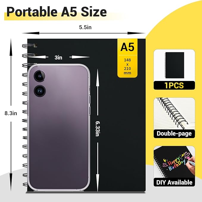 EUSOAR Black Spiral Notebook, 1 Pack A5 5.5"x8.3" Hardcover College Ruled Lined Journal, 240 Pages(120 Sheets) Writing Pads Professional Notebook for DIY Note Taking School Business Work Office Diary