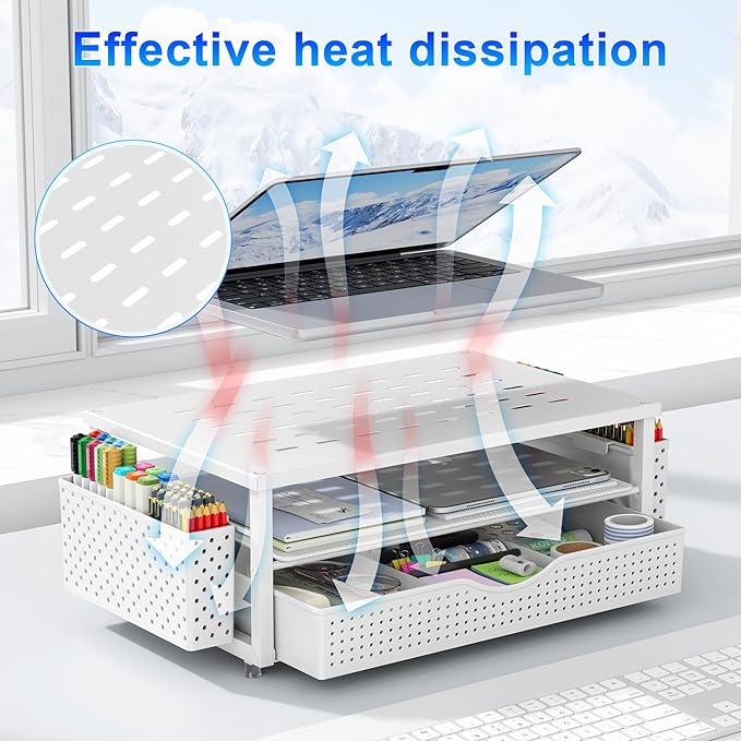 gianotter Desk Organizers and Accessories, Monitor Stand with Drawer and 2 Pen Holder, Desktop Organizer Suitable for Offices and Dormitories (White)