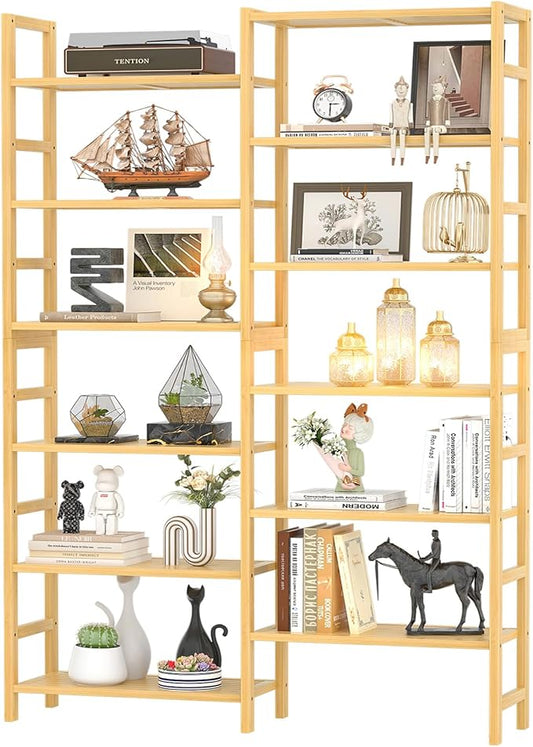 Homykic Double Wide Bamboo Bookshelf, 6-Tier Large Open Bookcase with 12 Display Shelves, 6ft Tall Freestanding Book Shelf for Home Office, Bedroom, Living Room, Plants, Natural