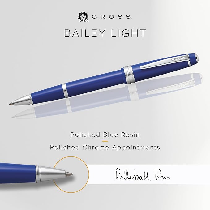 Cross Bailey Light Refillable Rollerball Pen Presented in a Everyday Gift Box - Medium Point, Black Ink, Polished Blue