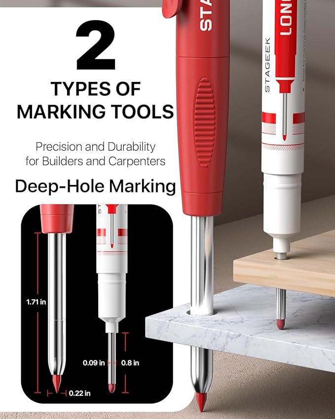 Carpenter Pencils Set with Sharpener, Heavy Duty Woodworking Tools with 13 Refills (Red, Black, Yellow), Construction Pencil and Deep Hole Long Nib Marker Pen for Architect Marking with Case