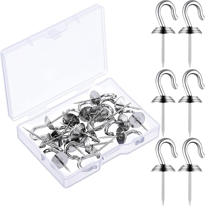 Hotop 30 Pieces Push Pin Wall Hooks Metal Thumb Tack Hangers Iron Alloy Nail Decorative Picture Hooks for 20 Lbs Home Office School Party Supply (Silver)