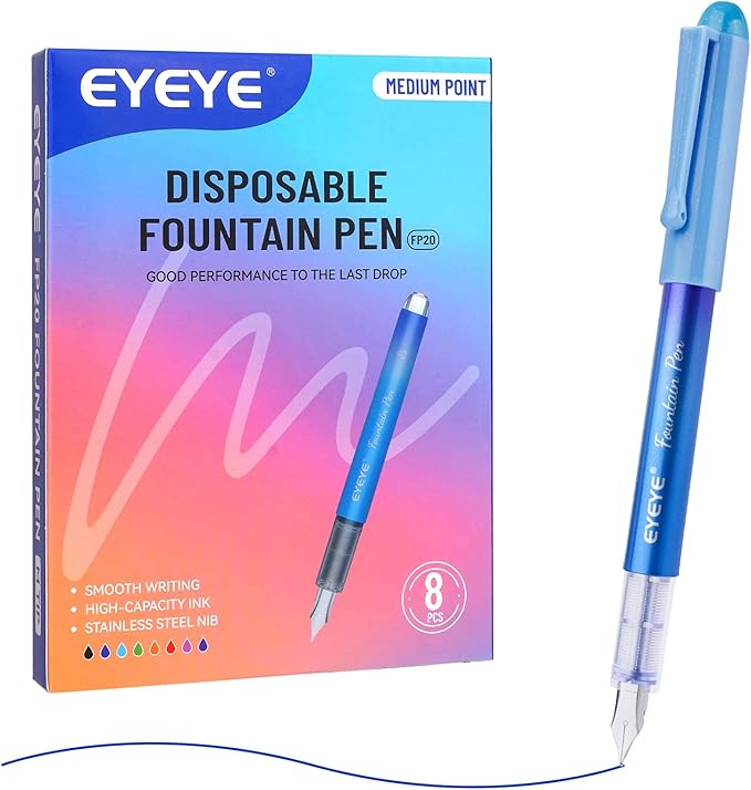 EYEYE Disposable Fountain Pens for Writing, Medium Point Stainless Steel Nib, Pack of 8 Assorted Colors