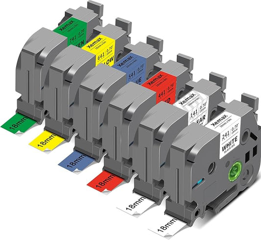 6-Pack Tze 18mm 0.7" Laminated Colored Label Tape Compatible for Brother P Touch Label Tape 3/4 Inch Tze 241 Label Maker Tape for PTD400 PTD610BT PTD410, White/Clear/Red/Blue/Yellow/Green