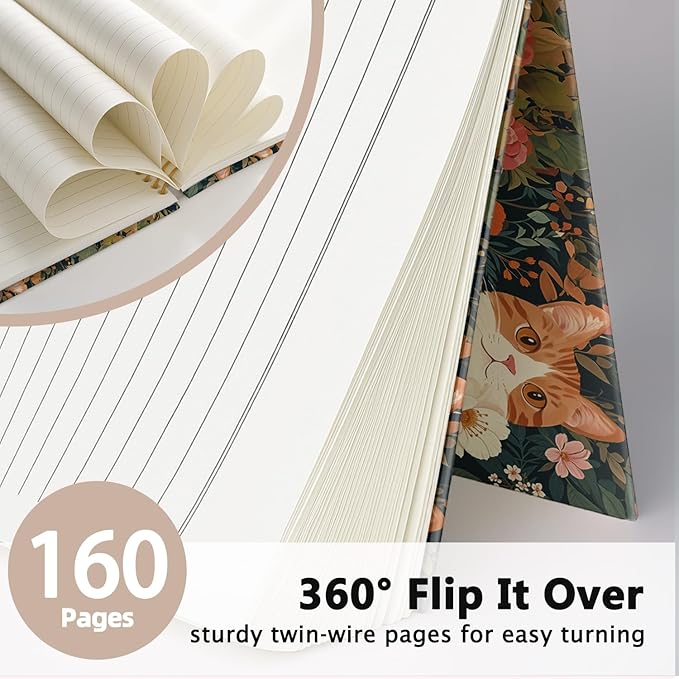 Cat Notebook Journal for Teen Girls, Black Cat Floral Spiral Notebook for School Supplies, Cute Notebooks for School Aesthetic, Cat Lover Gifts for Women Men 5.5x8.3 Inch