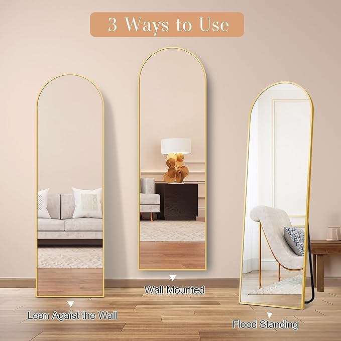 Arched Full Length Mirror, 58" x 18" Floor Mirror with Stand – Shatterproof Tempered Glass, Modern Aluminum Frame, Multi-Mount for Bedroom, Living Room, Gym, Gold