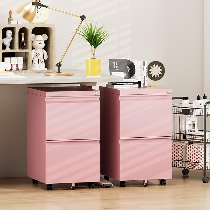 Aobabo 2 Drawer File Cabinet, Lockable Metal Filing Cabinet with Wheels for Home Office, Legal/Letter Size, Fully Assembled Except Wheels, Pink