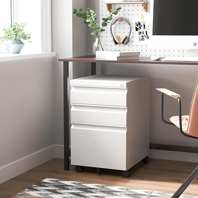 3 Drawer File Cabinet with Lock, File Cabinets for Home Office,Under Desk Cabinet, Locking File Cabinet for A4/Letter/Legal, Fully Assembled Expect Casters, Matte White