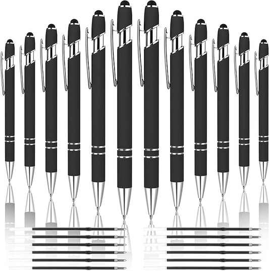 12 PCS 2 in 1 Stylus Ballpoint Pen with Stylus Tip, 1.0 mm Black Ink Metal Pen Stylus Pen for Touch Screens (Silver & Black)