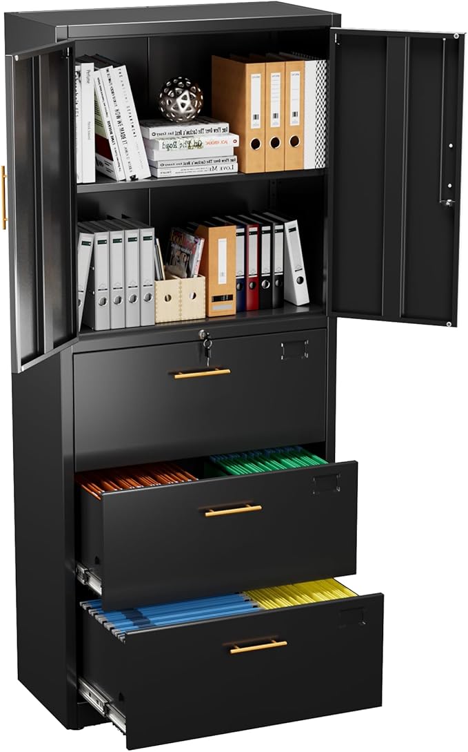 3 Drawer Lateral File Cabinet with Lock, Metal Filing Storage Cabinet with Locking Doors and Adjustable Shelf for Home, Office, School, Fits A4/Letter/Legal Size Folders, Assembly Required
