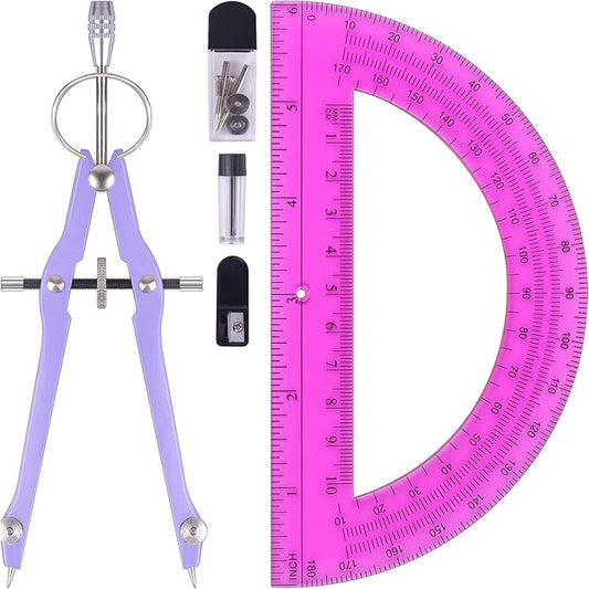 Compass and Protractor Set, Professional Drawing Compass Tool, Metal Compass with Extra Refills, Compass for Geometry and 6 Inch Math Protractors 180 Degree (Purple)