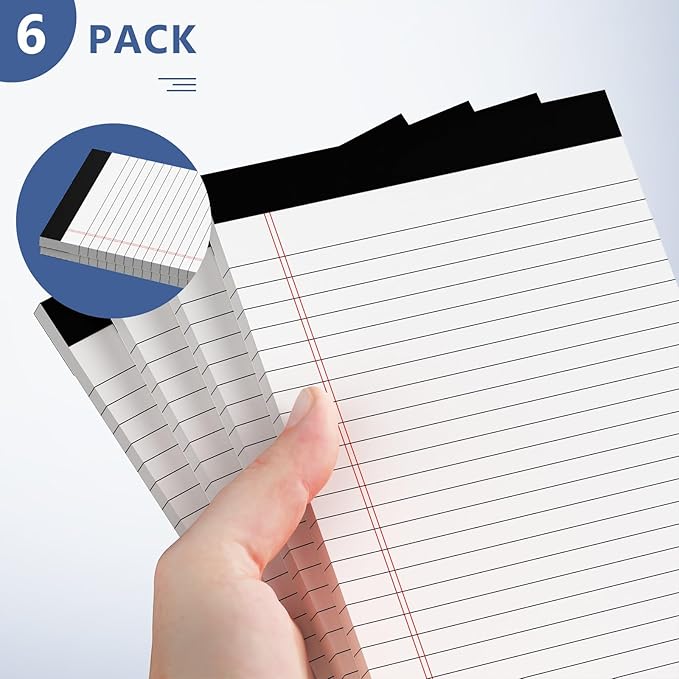 5" x 8" Note Pads 6 Pack of Legal Pads 30 Sheets Notepad College Ruled Small Writing Pads Perforated Pages Paper Pads 80GSM Heavyweight Paper Note Pads for Home, Office, or School