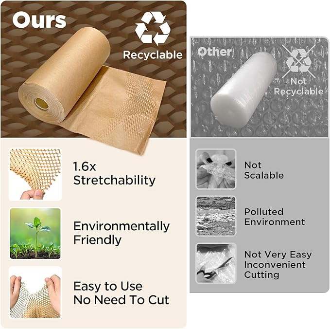 Honeycomb Packing Paper, 12"x400' Brown | Perforated Honeycomb Packing Paper Recyclable Moving Supplies for Shipping & Moving | Plastic-Free Alternative to Bubble Cushion Wrap with 36 Fragile Stickers