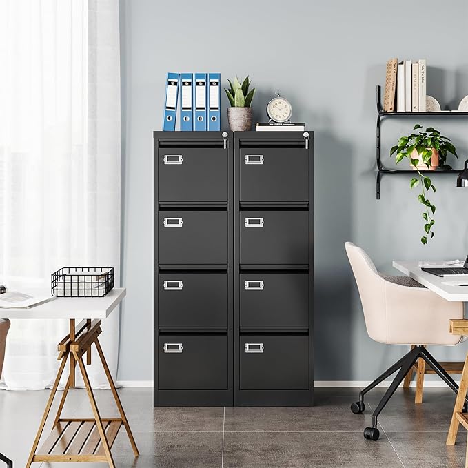 4 Drawer Filing Cabinets with Lock, Metal File Cabinet with 4 Drawers, Home Office File Folders Cabinet for Letter Legal A4 File Size