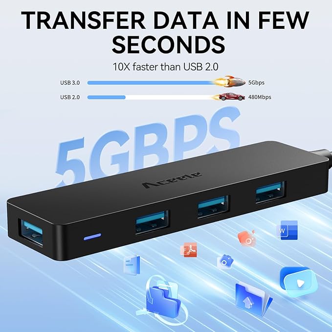 Aceele USB C/A Hub for Laptop, Ultra Slim USB Splitter 4 Port USB 3.0 Data Hub, Multi USB Port Expander with 4Ft Long Extension Cable for Desktop Mini PC,MacBook Air/Pro, iMac, PS5, Flash Drive