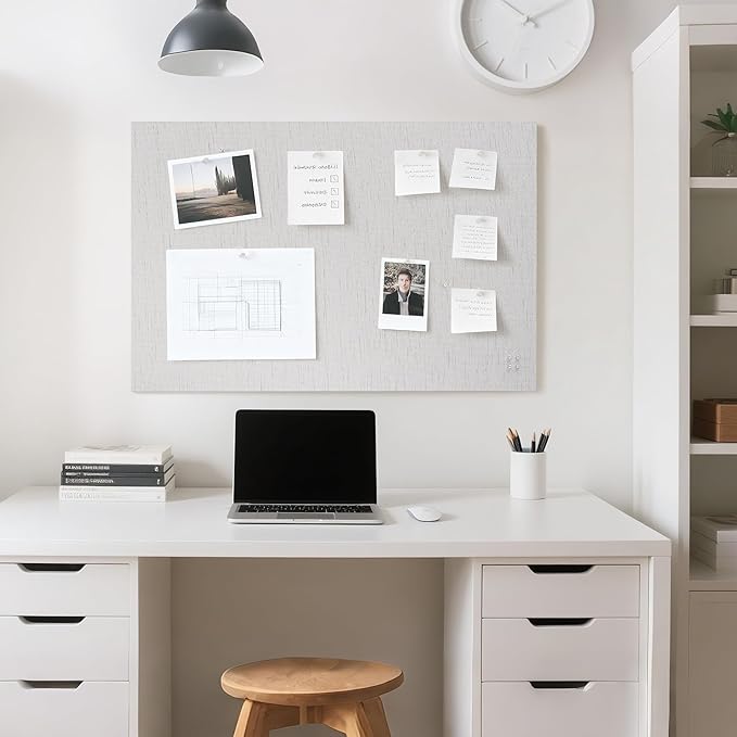 Bulletin Board 36 x 24 inches, 3' x 2' Linen Board for Wall, Decorative Fabric Pin Board with Safe Removable Adhesive Tapes for Home and Office, Includes 20 Push Pins-Gray Stripes