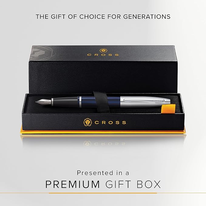 Cross Calais Refillable Fountain Presented in a Luxury Gift Box - Medium Point, Black Ink, Chrome & Blue