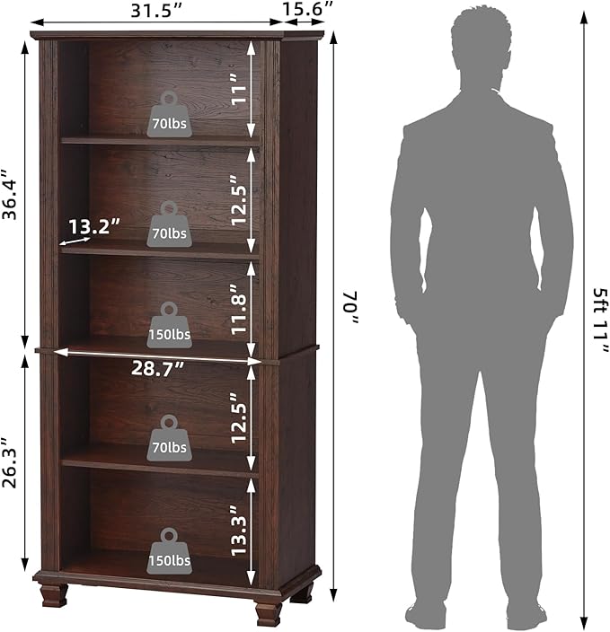 70" Tall Walnut Bookshelf,5 Tier Wooden Book Shelf with Adjustable Shelves & Wood Legs,Free Standing Farmhouse Bookcase with Open Display Storage,Vintage Bookshelves for Classroom, 2PCS