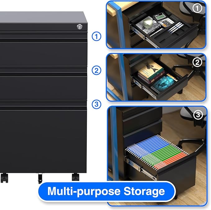 3 Drawer Steel Mobile File Cabinet with Lock for Legal/Letter/A4 Folders, 23.6''H Rolling File Cabinet for Home, Office, Fully Assembled Except Wheels, Black
