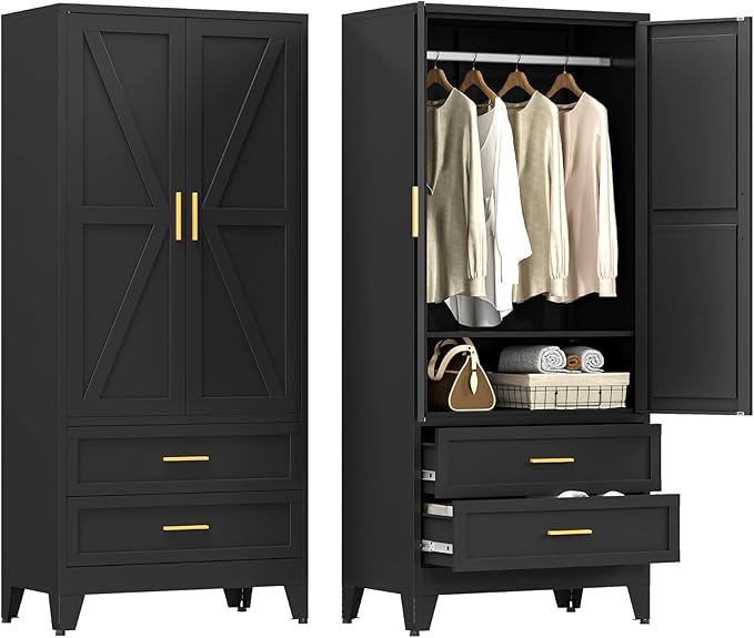 Farmhouse Wardrobe Cabinet with 2 Drawers,Metal Wardrobe Closet with Hanging Rod,Metal Armoire with Adjustable Shelves for Bedroom,Living Room, Cloak Room,Office (Blakc)
