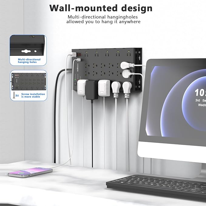 22 Outlets & 6 USB Big Power Strip, Jcblaon Surge Protector with 3USB C & 3USB A Charging Ports, 6.5ft Flat Plug Heavy Duty Extension Cord(1875W/15A)，2100J, 14AWG,Wall Mountable for Garden,Shed, Black