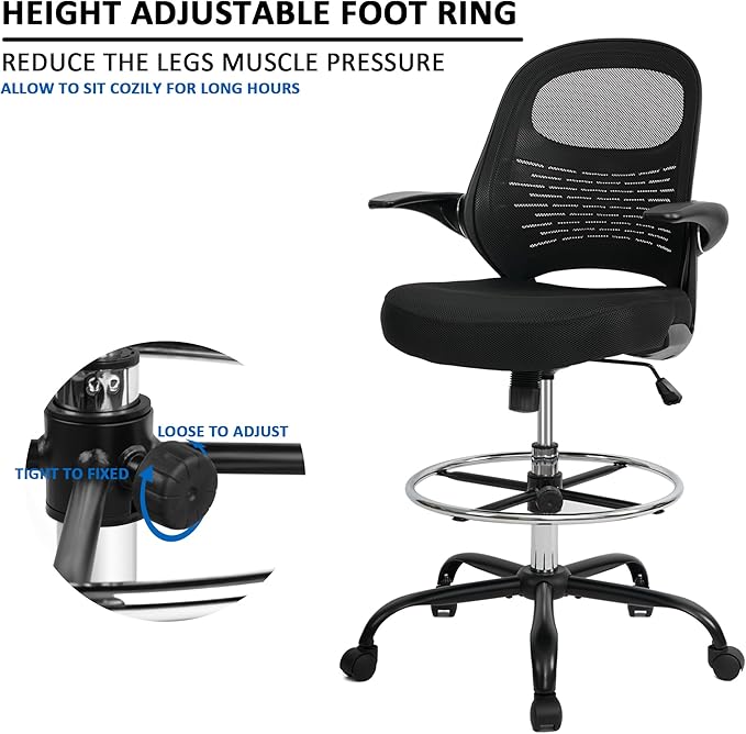 HYLONE Drafting Chair Tall Office Chair with Flip-Up Armrests Ergonomic Computer Chair with Lumbar Support Adjustable Footrest Ring Mesh Standing Desk Chair (Black)