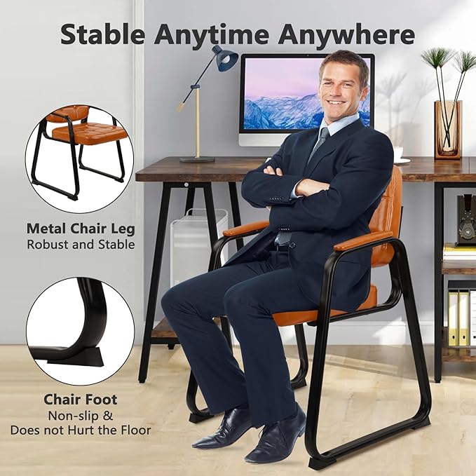 CLATINA Office Guest Chair, Leather Reception Chairs with Padded Arms, Desk Chair No Wheels Stationary for Conference Lobby Waiting Room Training Side Elderly, Set of 4-Orange