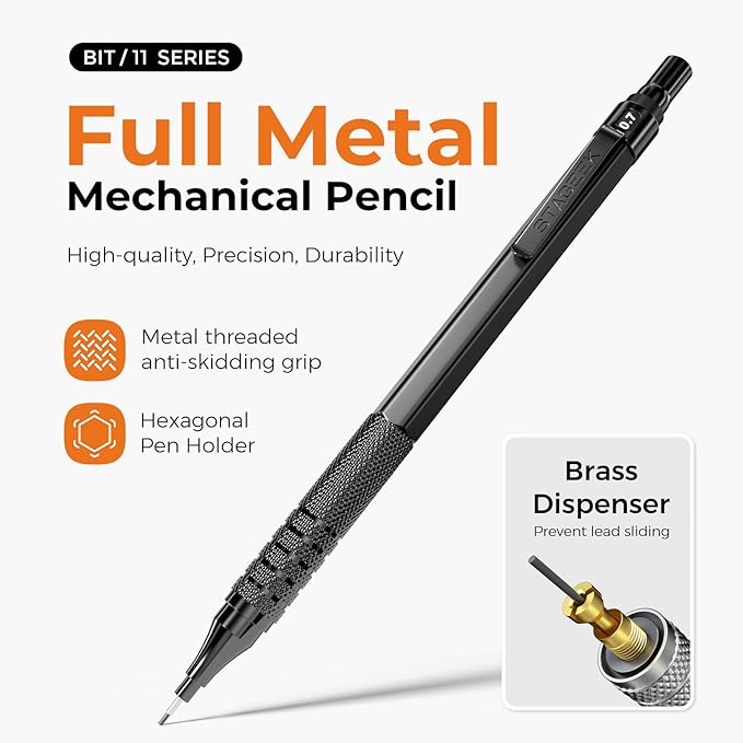 35PCS Black Art Mechanical Pencil Set in Case，0.5 0.7 0.9 2.0 Graphite Metal Drawing Drafting Pencils, Sharpener Erasers 384PCS Lead Refills (6B 4B 2B HB 2H 4H Colors) for Writing Sketching