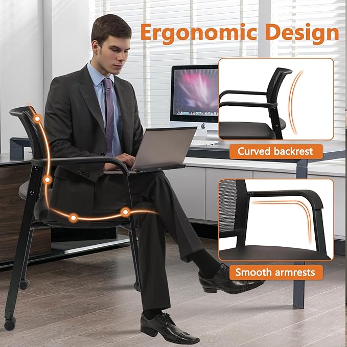 CLATINA Stacking Office Chair with Wheels, Mesh Back Waiting Room Guest Chairs with Arms Comfortable Leather Cushion Stackable Desk Chair for Conference Reception School Side Stationary, Black