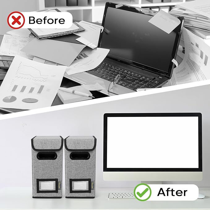 BALEINE File Organizer Box with Lid, Collapsible File Folder Organizer with Plastic Slide, Hanging File Folder Box for Office Document Storage (2 Pack, Grey, S)