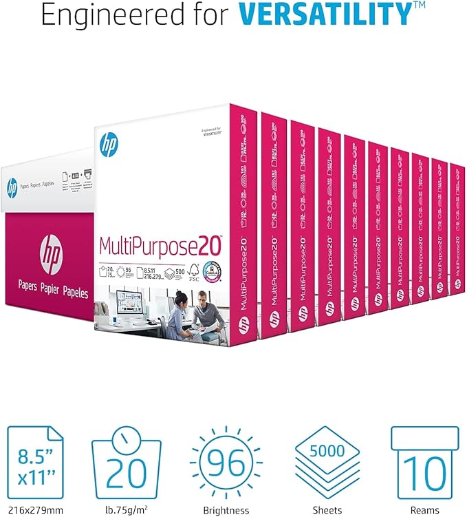HP Printer Paper | 8.5 x 11 Paper | MultiPurpose 20 lb | 10 Ream Case - 5000 Sheets | 96 Bright | Made in USA - FSC Certified | 112000PC