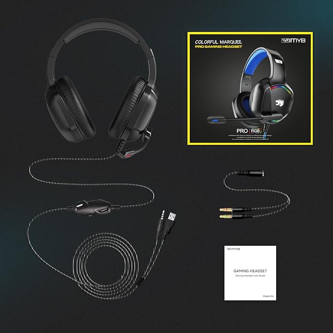 Gaming Headset with Microphone for Pc, Xbox One Series X/s, Ps4, Ps5, Switch, Stereo Wired Noise Cancelling Over-Ear Headphones with Mic, RGB, for Computer, Laptop, Mac, Nintendo, Gamer (Black)