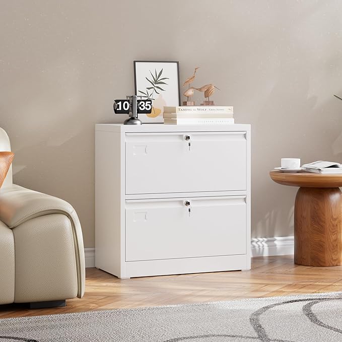 Aobabo 2 Drawer Lateral File Cabinet, Lockable Metal Filing Cabinet with Name Card, Suitable for Home Office School Hanging Files Letter/Legal/F4/A4 Size,Required-Assembly,White