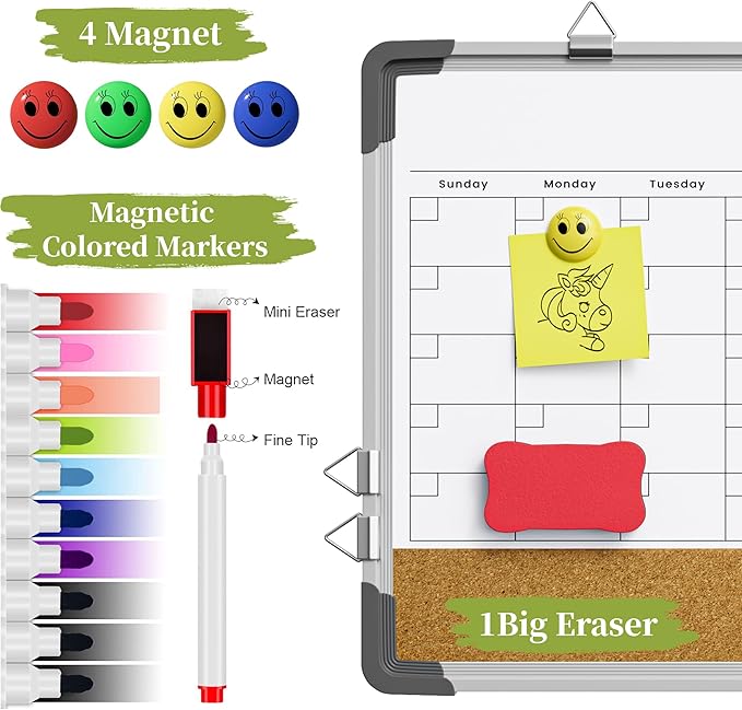 Dry Erase Calendar White Board for Wall, Polegas 17" X 13" Magnetic Whiteboard Dry Erase Cork Board Combination, Small Wall Monthly Double Sided Boards Student, Home, Office (White)