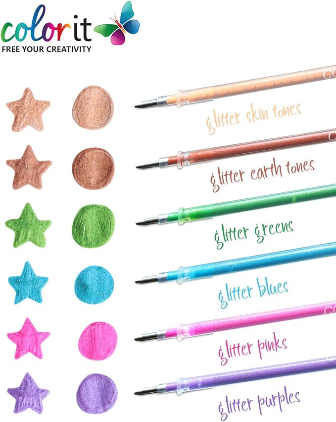 ColorIt 48 Gel Pen Ink Refills for Glitter, Metallic, and Neon - Color Coded for Easy Replacement (Glitter) - Pen Refills