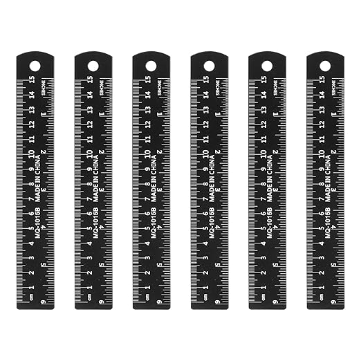 HARFINGTON 6pcs Metal Straight Ruler 15cm Metric SAE Aluminum Alloy Measuring Rulers Scale Tool with Hole for Measure Study Reading Classroom Office, Black