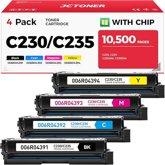 C230 C235 Toner Cartridge with Chip High Capacity Set 4-Pack Replacement for Xerox 006R04391 006R04392 006R04393 006R04394 Compatible with Xerox C230 C235 C230DNI C235DNI C225 Printer Black and Color