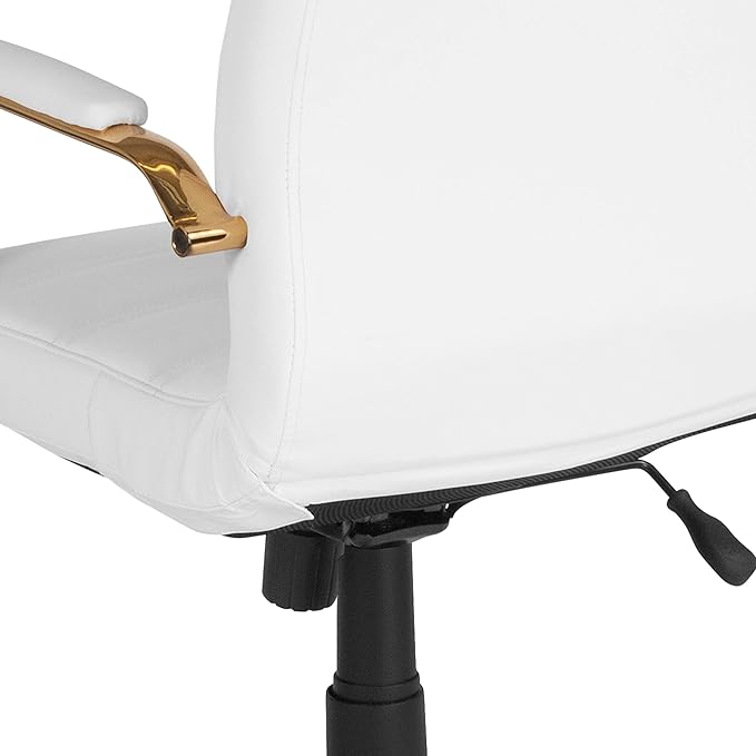 Flash Furniture Whitney Mid-Back Swivel LeatherSoft Desk Chair with Padded Seat and Armrests, Adjustable Height Padded Office Chair, White/Gold