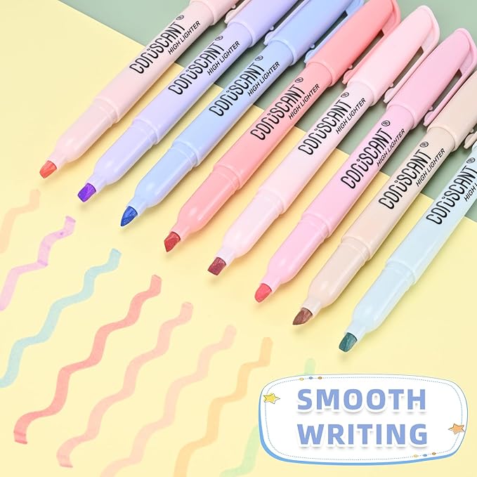 coruscant Pastel Highlighters Set, Assorted Colors Chisel Tip Cute Bible Highlighters, No Bleed Dry Quickly, for Journal Bible Study, Perfect for thin paper, School Office Supplies, 8 Pack
