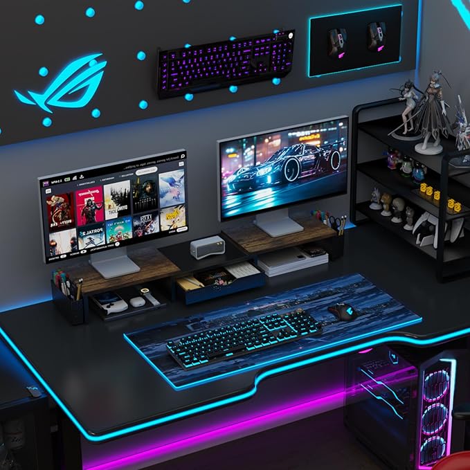 gianotter Dual Monitor Stand Riser, Desk Organizer With Drawer and 2 Pen Holders,Computer Monitor Stand, Desk Shelf for Top of Desk, Wood