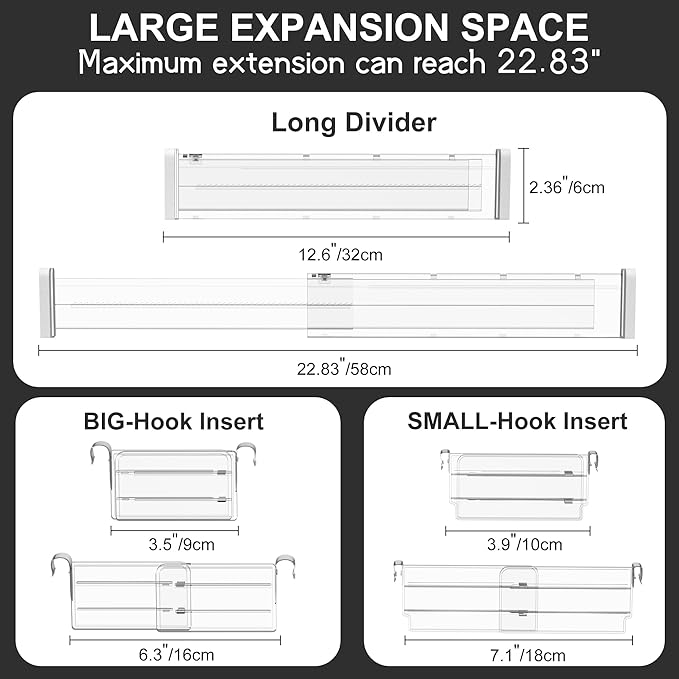HiYZ Expandable Drawer Dividers with Inserts - 2.36'' High Adjustable Drawer Organizers Separators for Kitchen, Bedroom, Dresser, Office, 8 Long Dividers(12.6-22.8'') with 16 Inserts(3.9-7.1'')-Clear