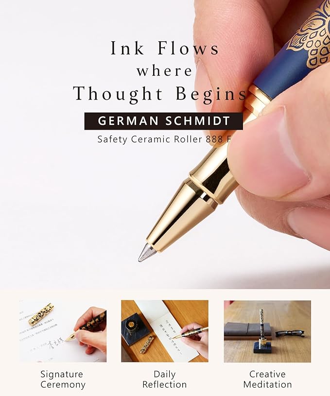 Executive Rollerball Pen Sets With Stand - Museum Art Collections - Crafting Timeless Beauty - Luxury Pen Gift & Office Desk Decor, German SCHMIDT refill, Solid Metal & Marble Texture