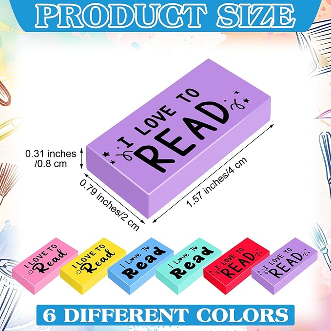 300 Pcs Inspirational Erasers for Kids Back to School Gifts I Love to Read Small Colorful Pencil Erasers for Students Classroom Cute Motivational Gift for Drawing School Office Supplies